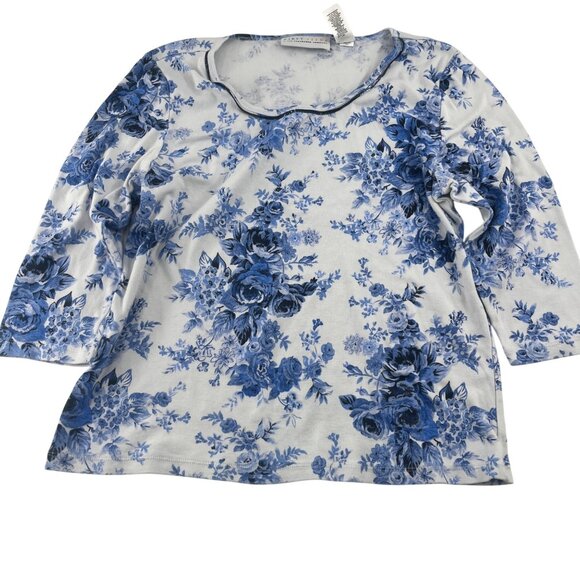 Liz Claiborne First Issue Blue Floral Long Sleeve Top XL 100% Cotton 3/4 sleeves - Picture 1 of 5